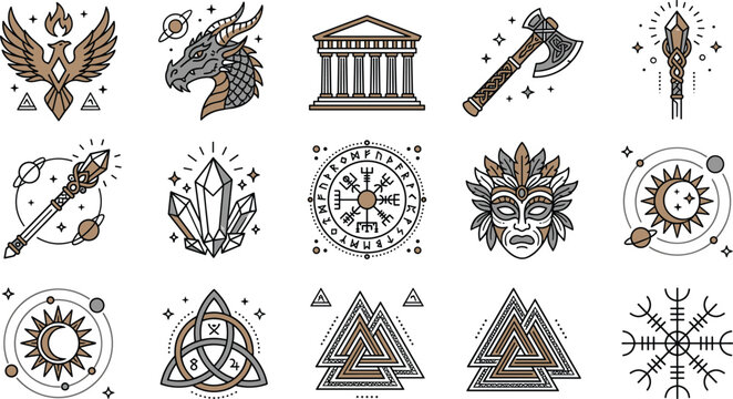 Ancient Mythology and Mystical Symbols Line Icon Set Featuring Phoenix Dragon Temple Viking Axe Magic Staff Crystals Vegvisir Tribal Mask Triquetra and Valknut