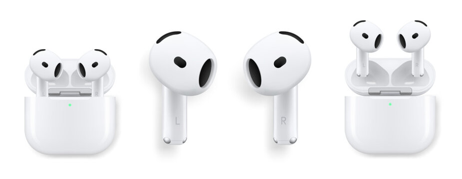 Photorealistic detailed Apple AirPods 4 with Active Noise Cancellation and charging case mockup. Front view isolated on white background with shadows. Vector editorial illustration