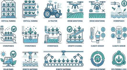 Obraz premium Smart Agriculture and Agritech Line Icon Set Featuring Vertical Farming AI Tractor Drone Monitoring Hydroponics Climate Sensors Solar Panels and Robotic Watering