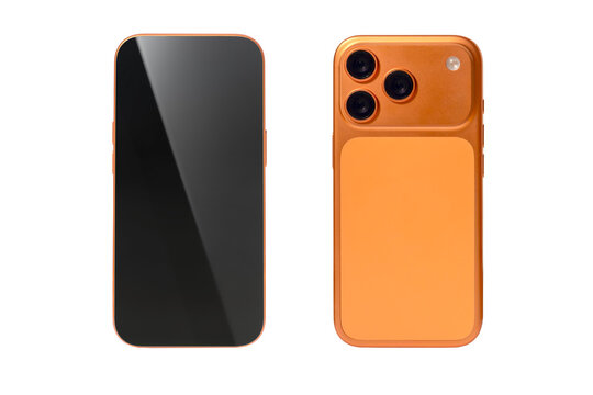 Orange Smartphone Front and Back View With Triple Camera and Minimal Protective Case on Transparent Background