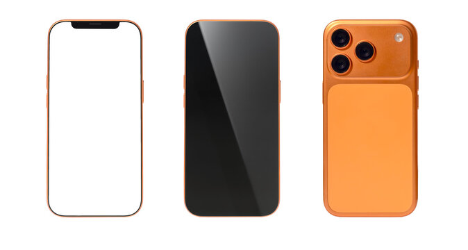 Three Orange Smartphones Front View Mockup on Transparent Background With Blank Black Screens