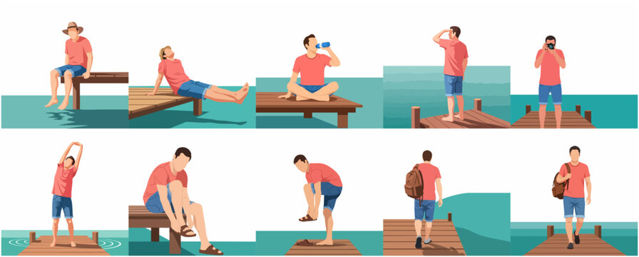 Set of flat vector illustrations of a man performing various activities on a wooden pier during summer vacation