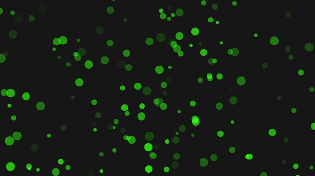 Green glowing particles floating on dark background. Abstract digital animation effect with bokeh circles. Motion graphics overlay for futuristic visual design