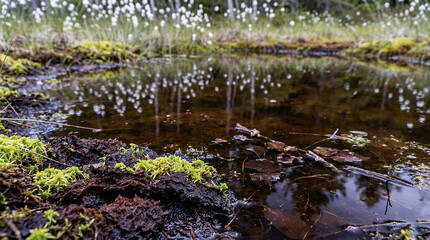 Fototapeta premium A serene and natural scene of a small pond with moss and leaves in a forest environment with white flowers