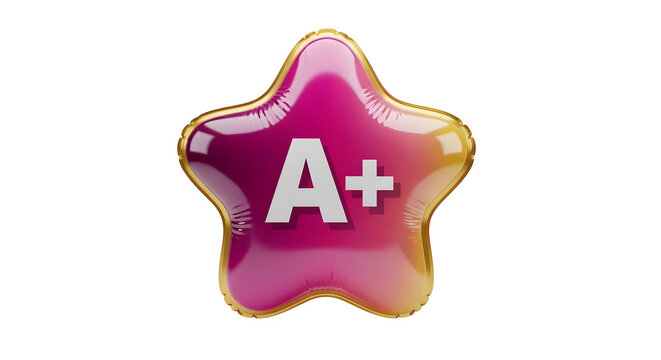 A 3D rendered, glossy pink star-shaped badge with a gold border features a bold white "A+" grade in the center, isolated on a transparent background