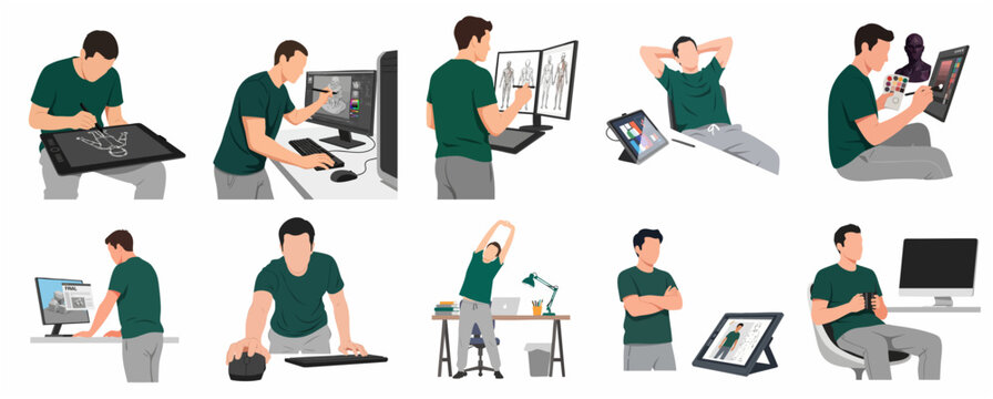 Set of digital artist illustrations showing creative professional workflow, 3D modeling, drawing on tablet, and workspace routine in flat style isolated on white background