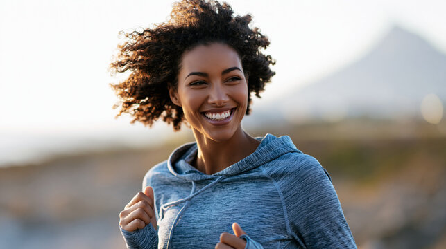 Close-up of a woman runner smiling during a workout showcasing determination and fitness joy, running lifestyle concept, woman runner photography, fitness achievement