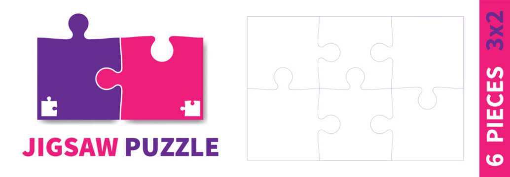 Detailed various shapes puzzle grid. Jigsaw puzzle blank template. 3x2 shapes, 6 pieces. Separate matching puzzle elements. Vector illustration