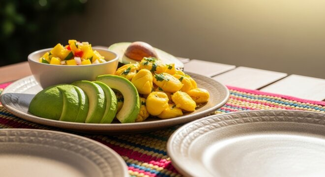 Jamaican Ackee and Saltfish Dish with Mango Salsa and Avocado on Sunny Patio Table