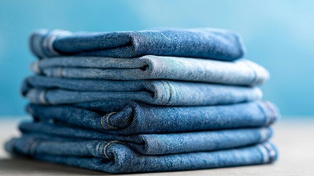 Close-up of a neatly folded stack of denim jeans against a soft blue background, casual fashion concept, denim stack photography, timeless style visualization, with copy space