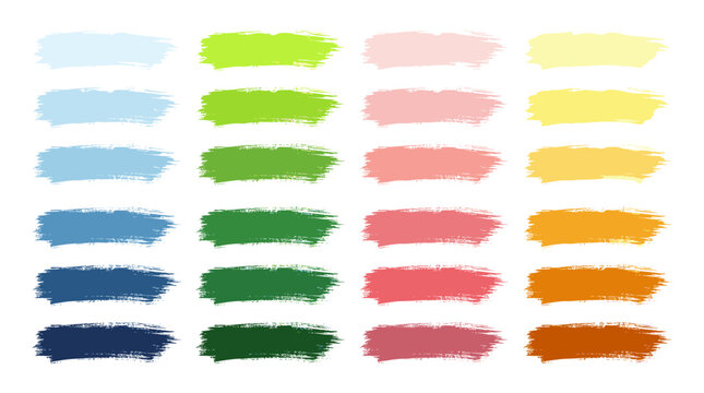 A set of diverse paint brush stroke samples in various shades of blue, green, pink, and yellow, presented against a white backdrop.