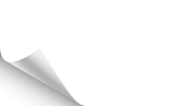 Paper curl corner background. Curled paper corner with realistic page fold effect. White sheet edge peeling back, revealing shadow and depth. Minimal vector illustration.