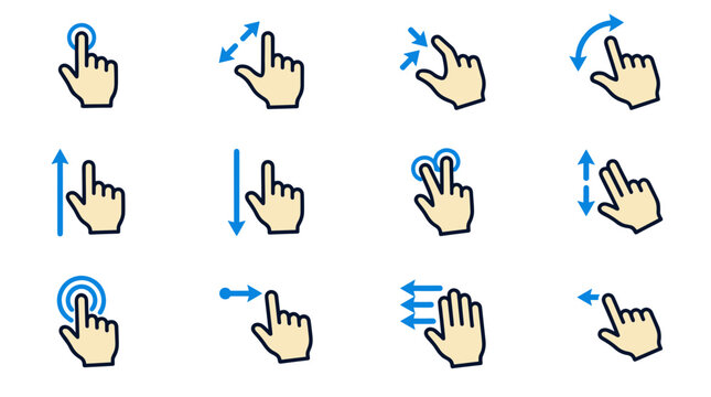 Collection of 12 touch screen gesture icons for mobile devices and computers, including tap, swipe, pinch, and zoom.