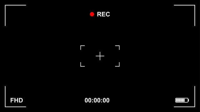 Professional camera viewfinder screen with focus frame overlay. Digital photography tool for capturing perfect shots with grid composition and recording display interface. Vector illustration.