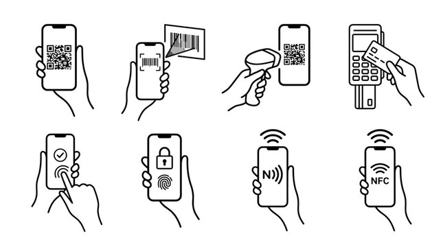 Set of line icons showing hands holding smartphones for QR code scanning, payment, and NFC technology.