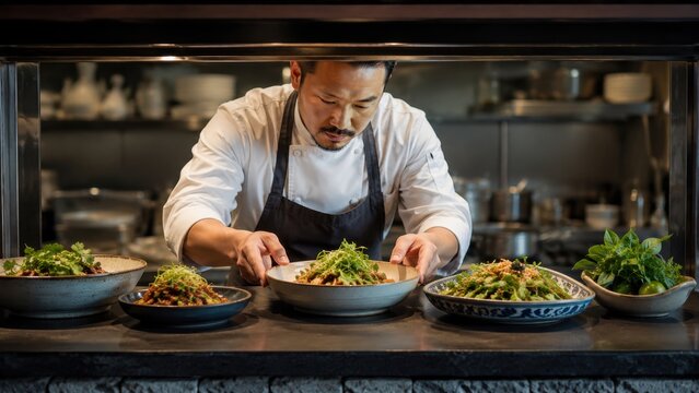 Chef preparing plated dishes at busy restaurant pass