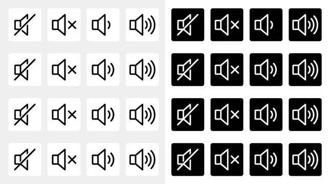 A collection of simple, flat volume control icons representing mute, low, medium, and high sound levels in both white and black backgrounds.
