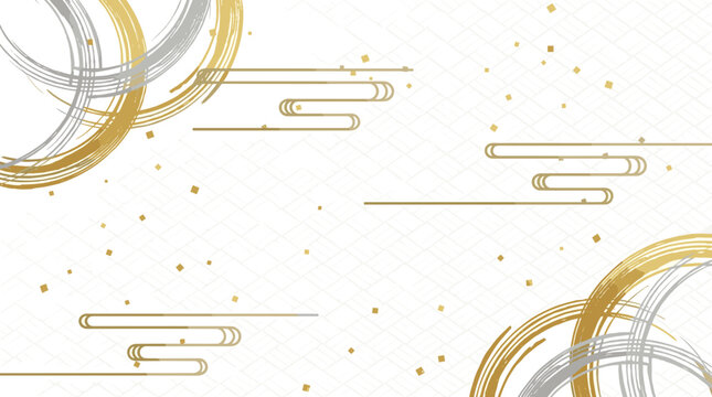 A minimalist and elegant background featuring traditional Japanese patterns like gold and silver swirls and cloud motifs on a textured white paper.