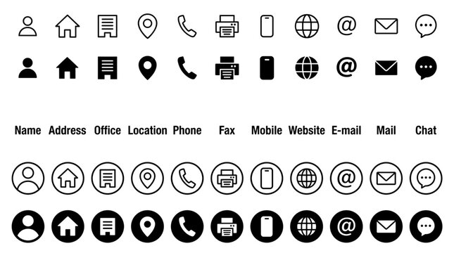 A collection of clean, modern icons representing various contact methods like name, address, phone, email, and website for business use.