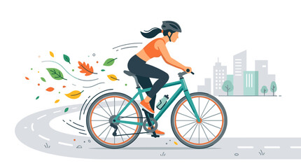 Fototapeta premium Young woman riding a bicycle on a road with autumn leaves in the city