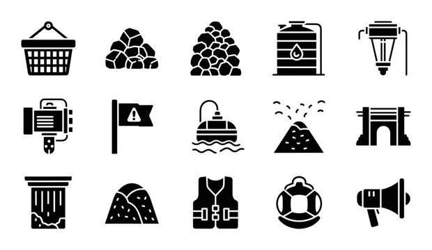 Industrial icons, factory symbols, mining signs, warning labels, 20 black vector graphics