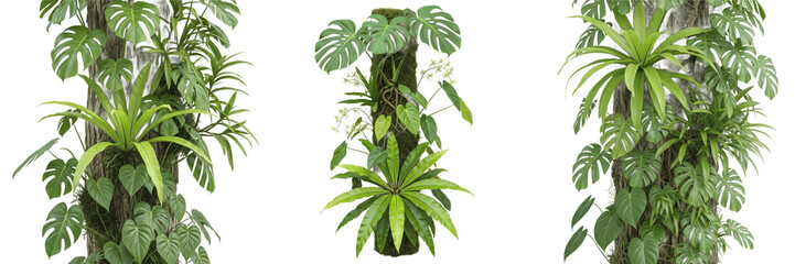 Set of three lush tropical tree trunks with climbing monstera vines and ferns isolated on white background, botanical decor element, exotic rainforest plant collection, realistic 3D foliage assets for © Vitihnia PSG