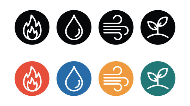 Elemental power icon set displaying fire, water, earth, and air symbols for nature energy, mythology, and mystical design themes. Vector illustration.