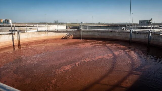 Medium shot of an openair clarification tank with red mud settling gently in the basin under clear skies highlighting industrial water treatment processes