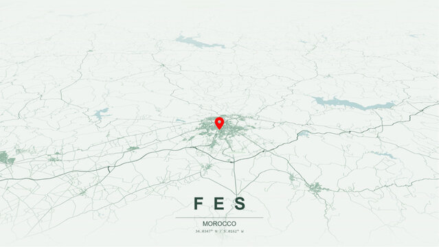 Modern minimalist vector map of Fes (Fez), Morocco. High-quality scalable illustration of Fes city grid, Ville Nouvelle urban grid, Oued Fes river for posters and design.