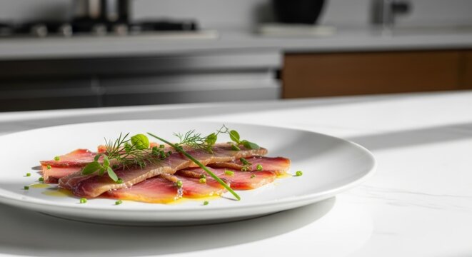 Thinly sliced fish carpaccio garnished with fresh herbs and chives on a white plate, offering ample copy space for culinary content.