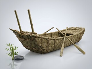 Fototapeta premium Rustic Traditional Bamboo Raft with Rope Ties Isolated on White Background
