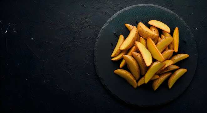 Golden fried potato wedges arranged neatly on a dark circular slate plate served as a delicious savory snack for everyone
