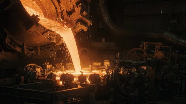 Medium shot of molten copper being poured precisely into moving molds on a casting wheel showcasing the intense glow of refined metal in an industrial foundry setting