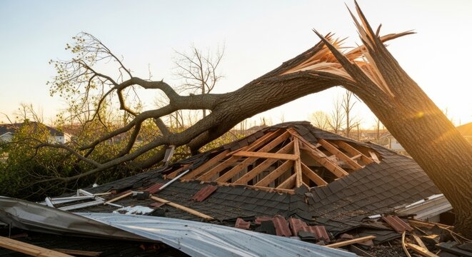 Fallen tree devastates damaged house roof during golden hour sunset, symbolizing disaster and insurance needs