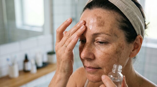 Middle-aged caucasian woman applying serum on face with pigmentation spots in home bathroom setting. concept of skincare routine, hyperpigmentation treatment, self-care