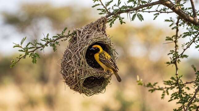 A vibrant yellow and black weaver bird clings to its intricate woven grass nest in a thorny tree. It radiates industrious energy, natural craftsmanship, and sunny savanna warmth.