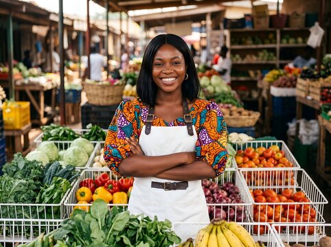 Confident African Female Market Trader Smiling in Colorful Fresh Grocery Store