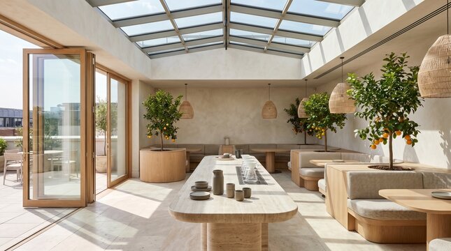 Corporate Garden Cafe Lounge With Citrus Trees Stone Counter And Skylight