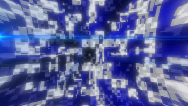 Abstract blue and white glowing pixel explosion with futuristic digital blocks, cyber motion, and bright technology background.