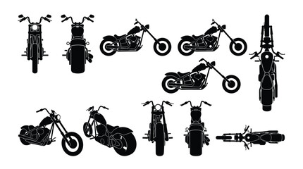 Bobber Chopper Motorcycle Silhouette Large Set Multiple Views Custom Heavy Cruiser Bike Vector Illustration Isolated White © selena