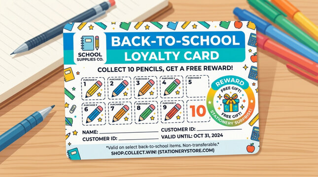 Back to school loyalty card template with pencil stamps and reward gift icon on wooden desk background