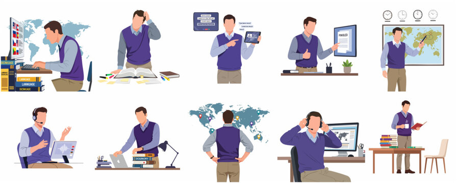 Professional Male Translator and Linguist Character Set for Language Services and Global Communication Concepts