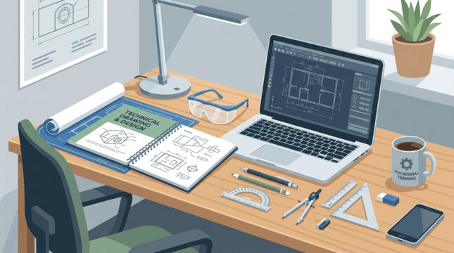 Workplace of an engineer or architect with laptop, blueprints, and drafting tools on a wooden desk