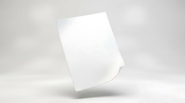 Clean blank white sheet of paper gently floating in a pristine minimalist studio environment, offering a versatile empty space for design, text, or presentation mockups