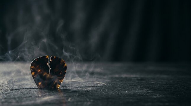 Broken guitar pick with smoke on dark wooden surface symbolizing broken music or passion
