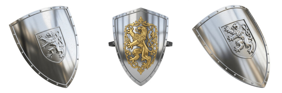 Silver knight shields with golden lion emblem, medieval heraldic armor set isolated on white background, metallic fantasy protection gear, historical warrior equipment, royal crest defense mockup