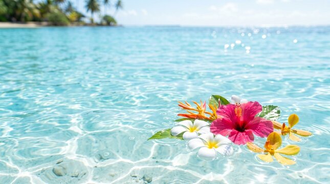 Tropical flowers floating on clear turquoise ocean water with sandy bottom and palm trees in background