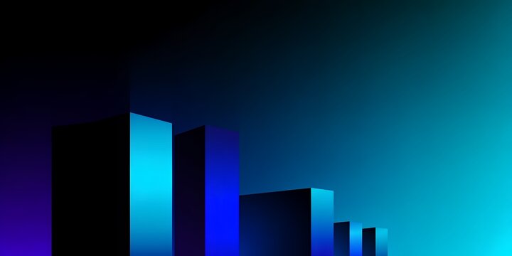 Abstract 3D glowing blue pillars on dark background, futuristic geometric city skyline or modern financial bar chart concept