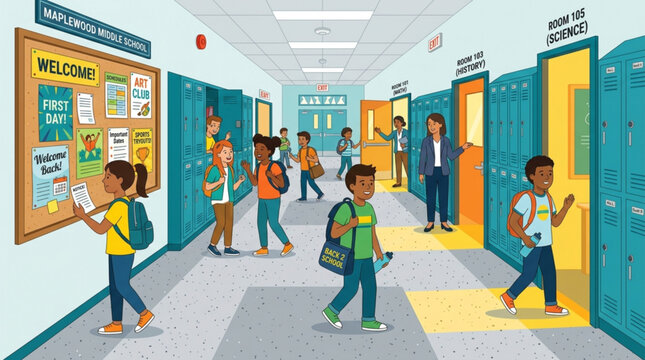 Students walking in the hallway of a middle school on the first day of classes