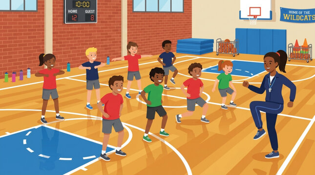 Happy diverse elementary school children exercising with their female pe teacher in a school gymnasium, promoting health and fitness in a fun physical education class
